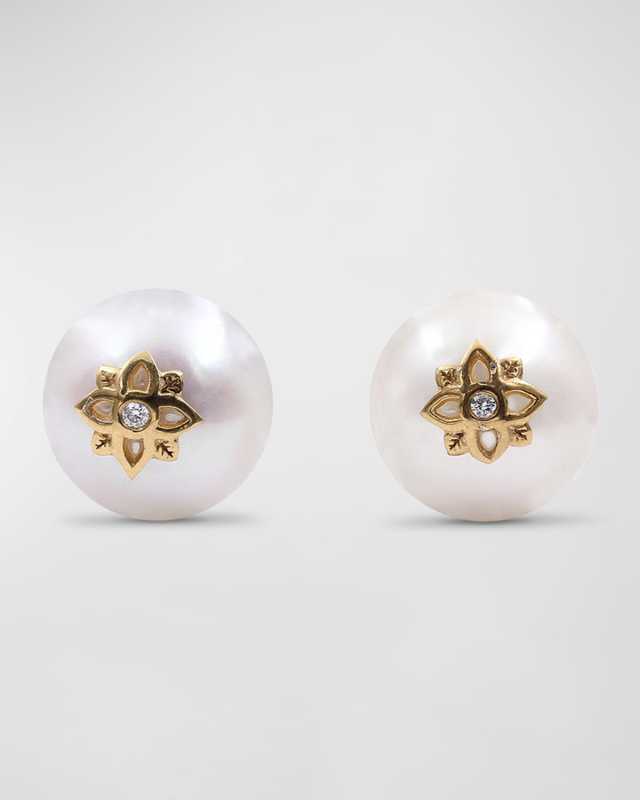 White Pearl and White Diamond Stud Earrings in 18K Gold